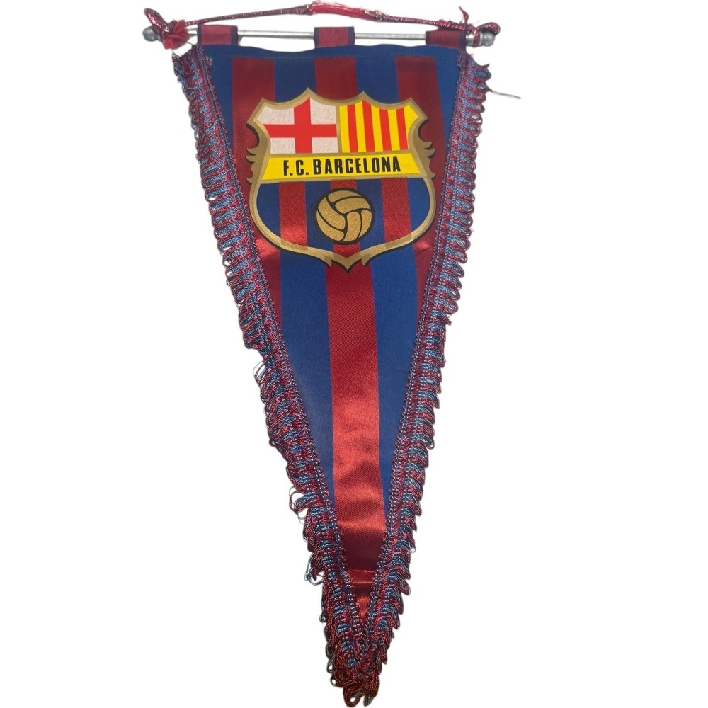 Vintage FC Barcelona Historial Del Futbol Club Pennant Banner Red Blue Fringe